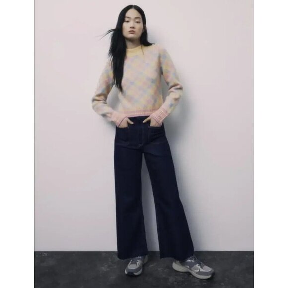 NWOT Zara multicoloured, pastel diamond checkered print wool blend sweater, M - Picture 2 of 8